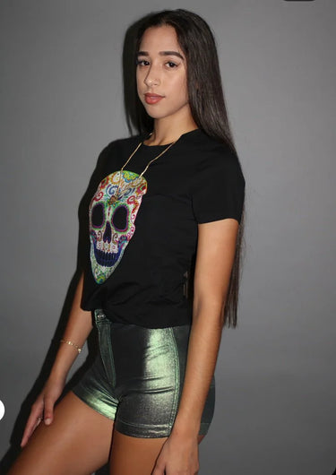 Calavera Black Graphic Top – Sugar Skull Cropped Tee - stylish casual top