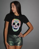 Calavera Black Graphic Top – Sugar Skull Cropped Tee - women's short sleeve top