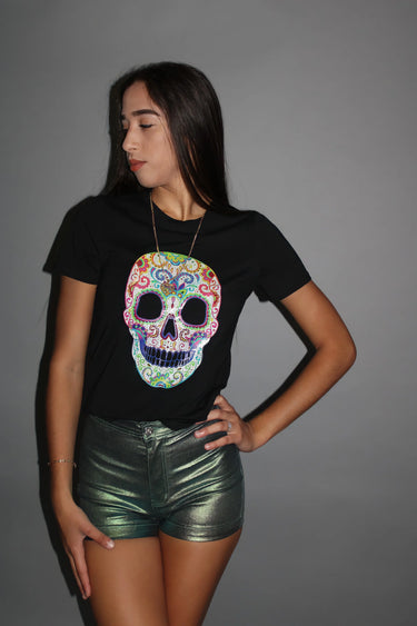 Calavera Black Graphic Top – Sugar Skull Cropped Tee - women's short sleeve top