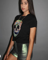 Calavera Black Graphic Top – Sugar Skull Cropped Tee for women - top by Palazzo Couture