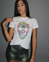 Calavera White Graphic Top – Sugar Skull Cropped Tee - women's short sleeve top