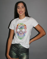Calavera White Graphic Top – Sugar Skull Cropped Tee for women - top by Palazzo Couture