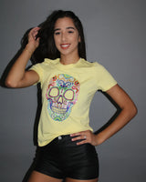 Calavera Yellow Graphic Top – Sugar Skull Cropped Tee for women - top by Palazzo Couture