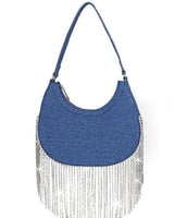 Cascade Elegance Fringed Handbag (Denim) - front view