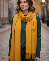 mustard cashmere blend shawl draped front view