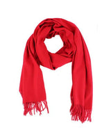 red luxury cashmere shawl styled as winter wrap
