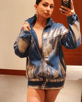 Casual Chic Denim Skirt Set with Metallic Finish front view showing complete two piece skirt set