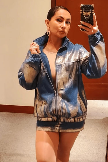 Casual Chic Denim Skirt Set with Metallic Finish front view showing complete two piece skirt set
