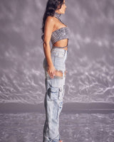 Stretch denim wide leg jeans in casual glam style