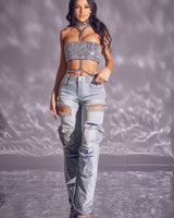 Light wash wide leg jeans with 34-inch inseam