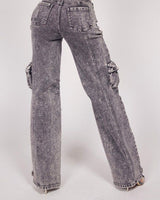 Casual Glam Denim Jeans. High-rise, acid black wash, rhinestone fringe, cargo pockets.