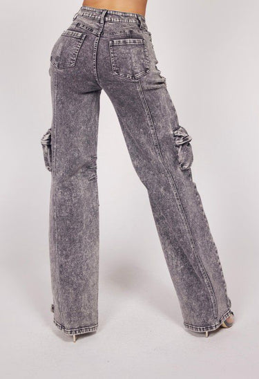 Casual Glam Denim Jeans. High-rise, acid black wash, rhinestone fringe, cargo pockets.