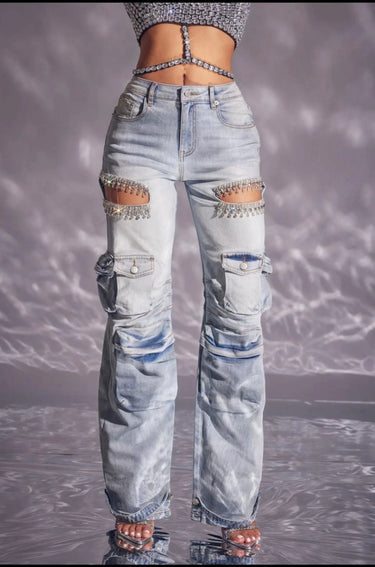 Casual Glam Denim wide Leg Jeans side view showing jeans leg shape and fit