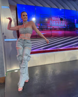 Elegant Denim wide leg jeans styled for going out look