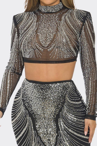 Celebration Sequin Pearl Top & Skirt Set Black - Palazzo Couture Online
