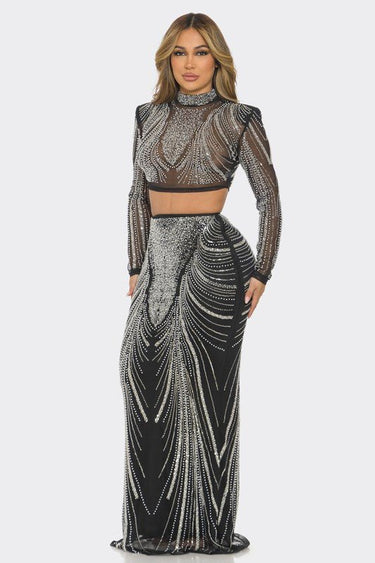 Celebration Sequin Pearl Top & Skirt Set Black - Palazzo Couture Online