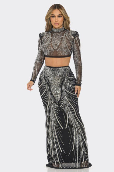 Celebration Sequin Pearl Top & Skirt Set Black - Palazzo Couture Online