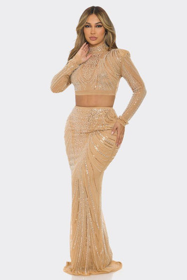 Celebration Sequin Pearl Top & Skirt Set (Nude) - Palazzo Couture Online