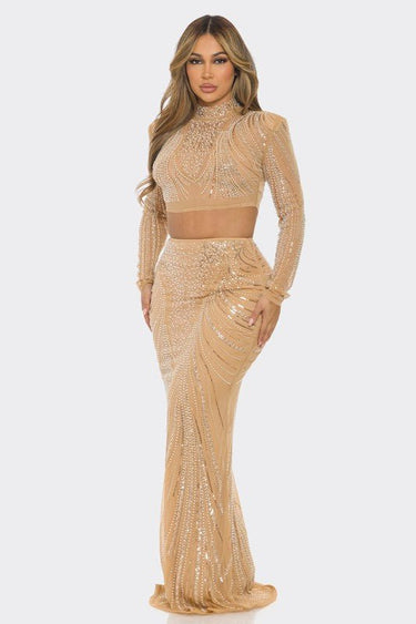 Celebration Sequin Pearl Top & Skirt Set (Nude) - Palazzo Couture Online