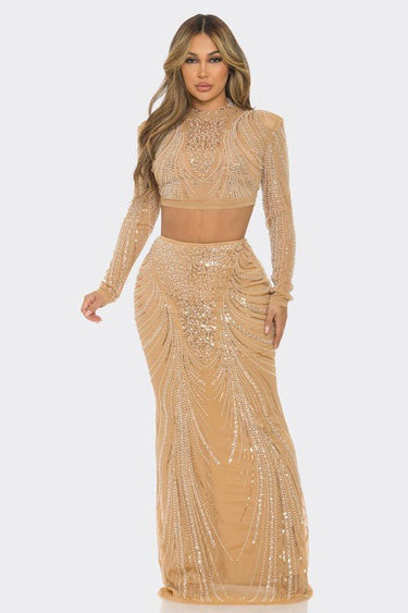 Celebration Sequin Pearl Top & Skirt Set (Nude) - Palazzo Couture Online