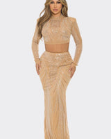 Celebration Sequin Pearl Top & Skirt Set (Nude) - Palazzo Couture Online