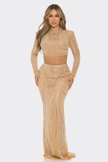 Celebration Sequin Pearl Top & Skirt Set (Nude) - Palazzo Couture Online