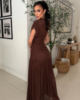 Celeste Draped Mesh Pleated Maxi Dress - Brown - Palazzo Couture Online