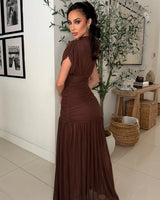 Celeste Draped Mesh Pleated Maxi Dress - Brown close up detail of pleated design and fabric