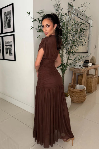 Celeste Draped Mesh Pleated Maxi Dress - Brown close up detail of pleated design and fabric