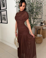 Celeste Draped Mesh Pleated Maxi Dress - Brown front view showing full-length maxi silhouette