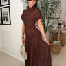 Celeste Draped Mesh Pleated Maxi Dress - Brown front view showing full-length maxi silhouette