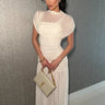 Celeste Draped Mesh Pleated Maxi Dress - Light Beige front view showing full-length maxi silhouette