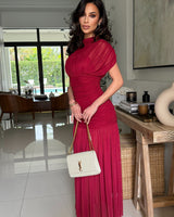 Celeste Draped Mesh Pleated Maxi Dress - Wine - Palazzo Couture Online