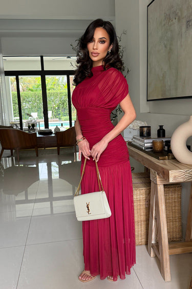 Celeste Draped Mesh Pleated Maxi Dress - Wine - Palazzo Couture Online