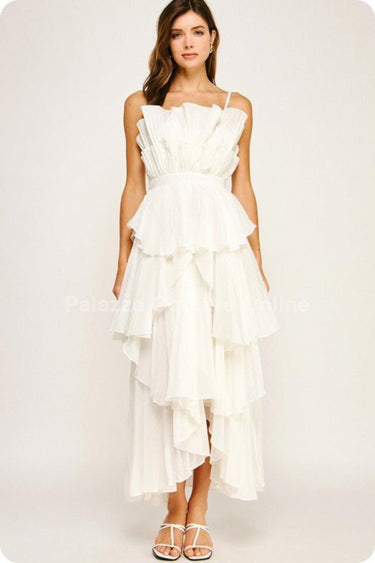 Celestia Cascade Ruffle Maxi Dress – Off White - Palazzo Couture Online