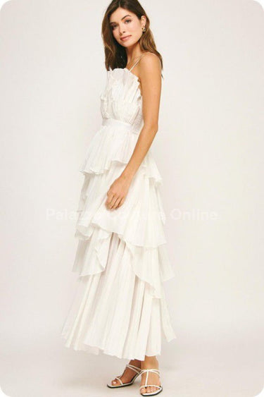 Celestia Cascade Ruffle Maxi Dress – Off White - Palazzo Couture Online