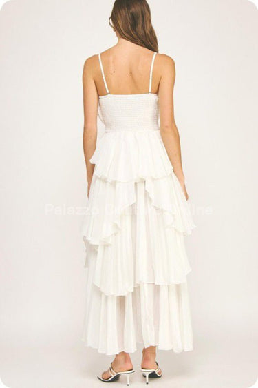 Celestia Cascade Ruffle Maxi Dress – Off White - Palazzo Couture Online