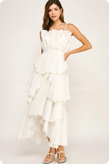Celestia Cascade Ruffle Maxi Dress – Off White - Palazzo Couture Online