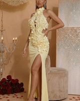 Celestia Sculpted Floral Bandage Gown - Yellow front view showing full-length maxi silhouette
