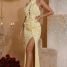 Celestia Sculpted Floral Bandage Gown - Yellow front view showing full-length maxi silhouette