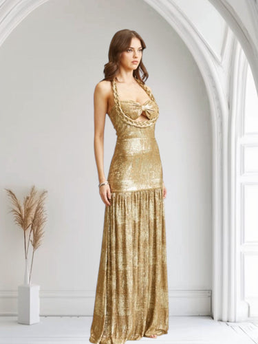 Celestial Braided Metallic Gown - Gold - Palazzo Couture Online