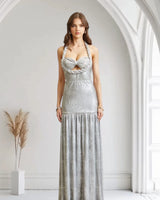 Celestial Braided Metallic Gown - Silver close up detail of metallic design and fabric