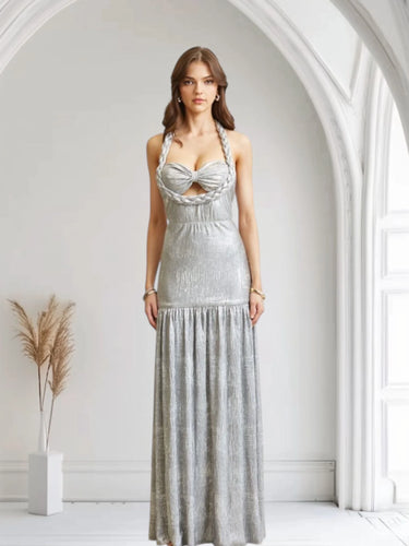 Celestial Braided Metallic Gown - Silver front view showing full-length maxi silhouette