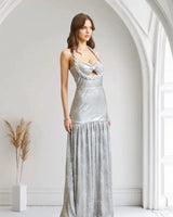 Celestial Braided Metallic Gown - Silver side view highlighting floor-length hemline
