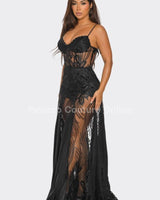 Celestial Elegance Sheer Lace Maxi Dress Black - Palazzo Couture Online