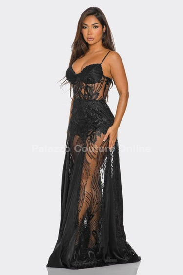Celestial Elegance Sheer Lace Maxi Dress Black - Palazzo Couture Online