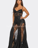 Celestial Elegance Sheer Lace Maxi Dress Black close up detail of lace design and fabric