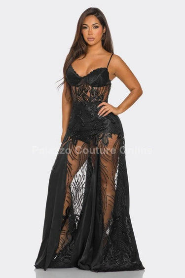 Celestial Elegance Sheer Lace Maxi Dress Black close up detail of lace design and fabric