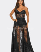 Celestial Elegance Sheer Lace Maxi Dress Black front view showing full-length maxi silhouette