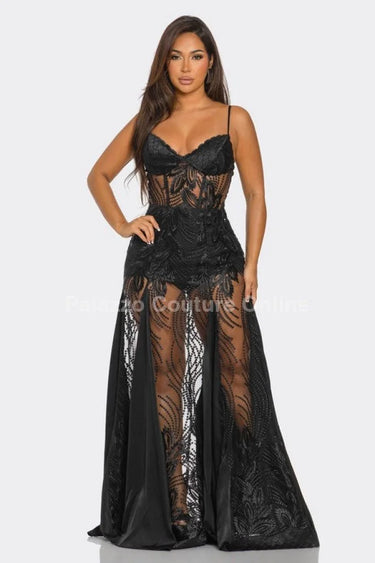 Celestial Elegance Sheer Lace Maxi Dress Black